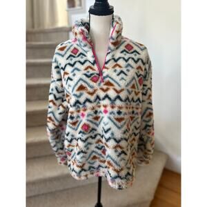 Eddie Bauer White Pink Teal Mustard Aztec Print Quarter Zip Long Sleeve Fleece